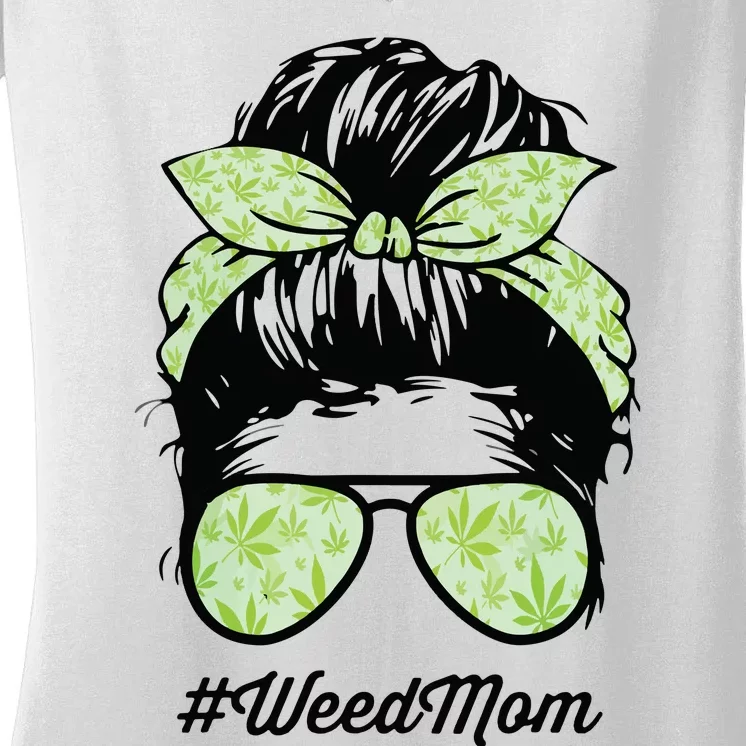 Womens Weed Mom Life With Leopard Mom Marijuana Weed Lover Women's V-Neck T-Shirt