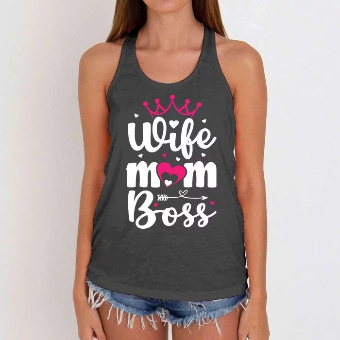 Women Wife Mom Boss Graphic Funny Cute Mother's Day T Women's Knotted Racerback Tank