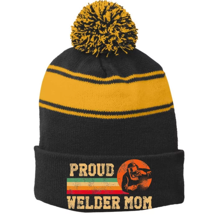 Welder Welding Mom Mother Vintage Retro Proud Welder Mom Stripe Pom Pom Beanie