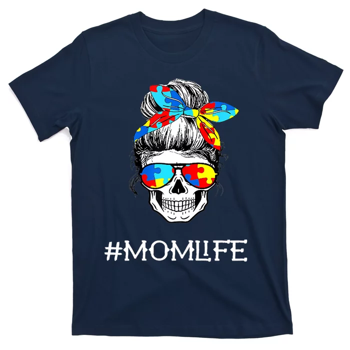 Wo Wo Mom Skull Tired Exhausted Autism Awareness Mama Wo T-Shirt