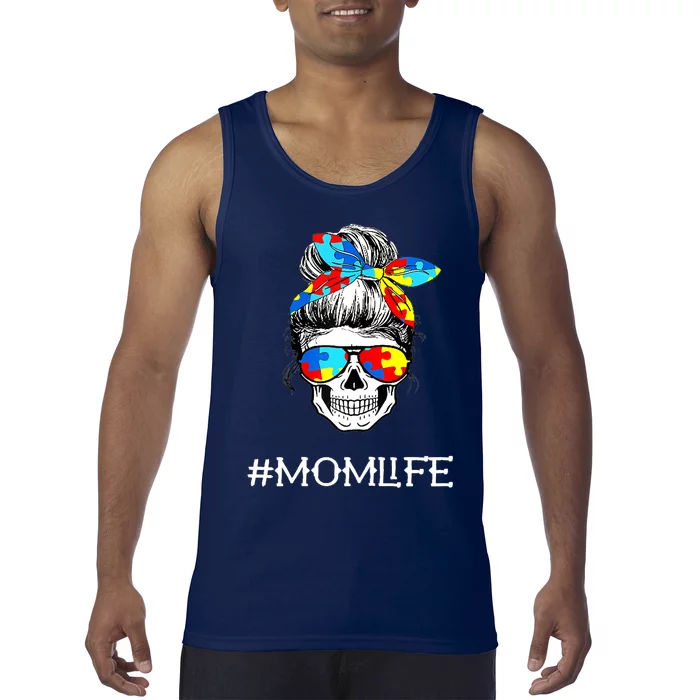 Wo Wo Mom Skull Tired Exhausted Autism Awareness Mama Wo Tank Top