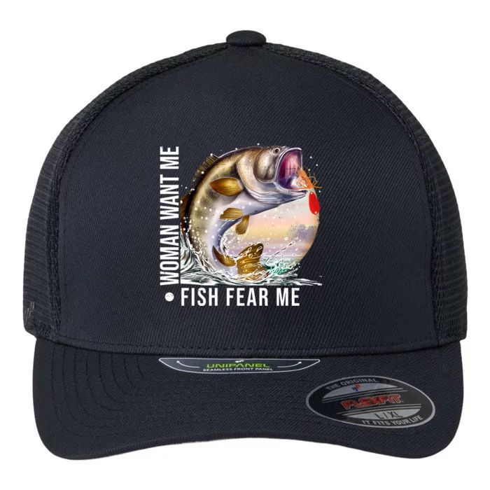 Women Want Me Fish Fear Me Bass Fisherman Funny Flexfit Unipanel Trucker Cap