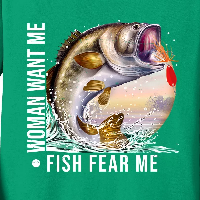 Women Want Me Fish Fear Me Bass Fisherman Funny Kids Long Sleeve Shirt