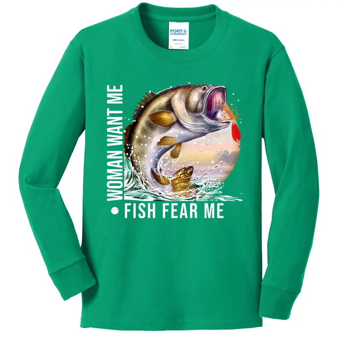 Women Want Me Fish Fear Me Bass Fisherman Funny Kids Long Sleeve Shirt