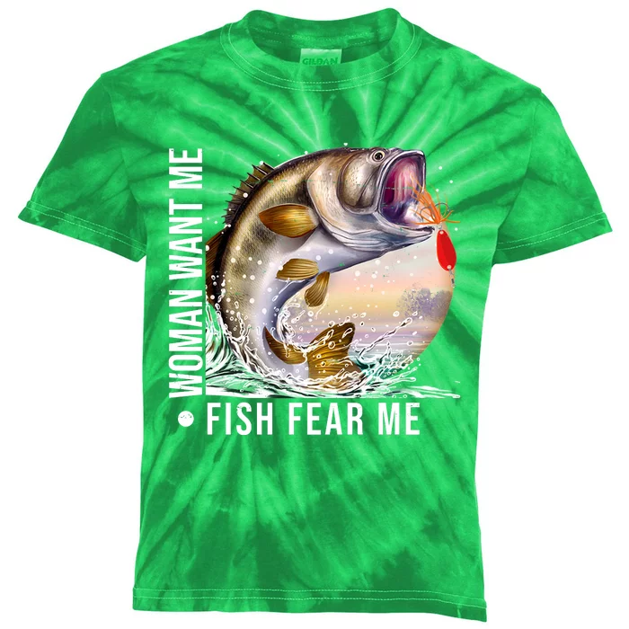 Women Want Me Fish Fear Me Bass Fisherman Funny Kids Tie-Dye T-Shirt