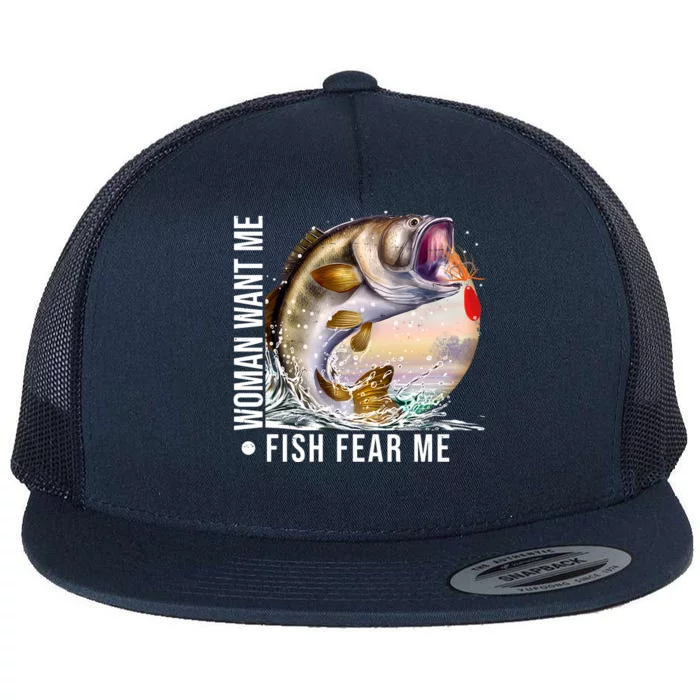 Women Want Me Fish Fear Me Bass Fisherman Funny Flat Bill Trucker Hat