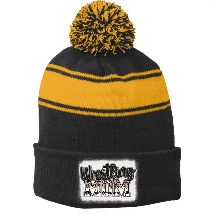 Women Wrestling Mom Bleached Leoard Wrestle Wrestler Mother Stripe Pom Pom Beanie