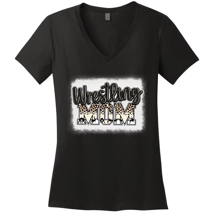 Women Wrestling Mom Bleached Leoard Wrestle Wrestler Mother Women's V-Neck T-Shirt