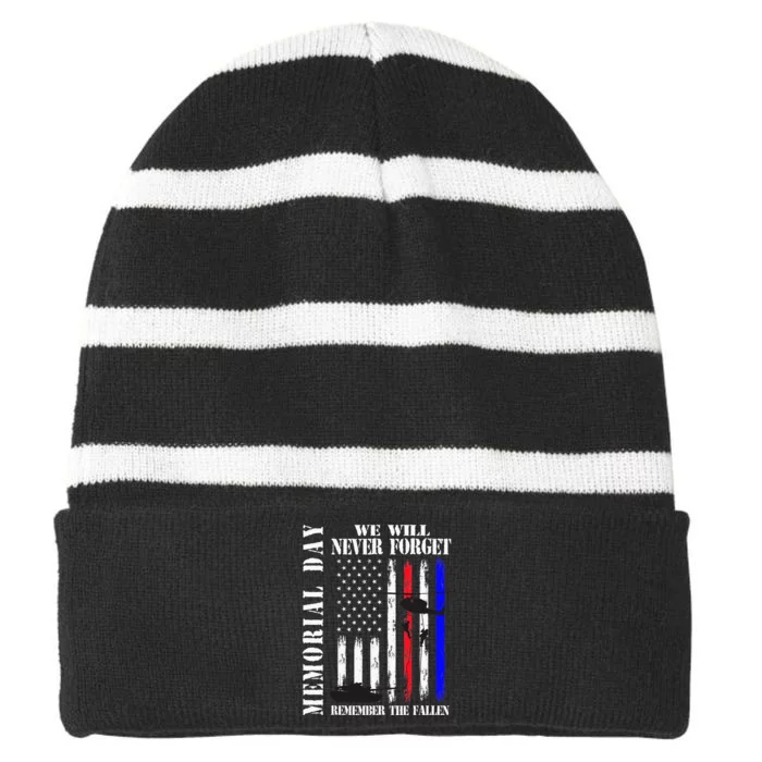 We Will Never Forget Remember The Fallen Flag Striped Beanie with Solid Band