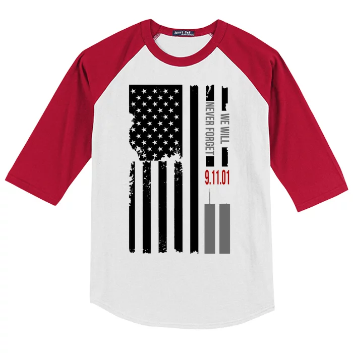 We Will Never Forget 9.11.01 USA Flag Kids Colorblock Raglan Jersey