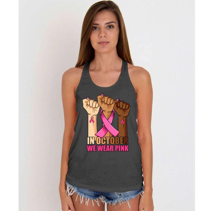 We Wear P.I.N.K Hand Raise Breast Cancer Awareness Women's Knotted Racerback Tank