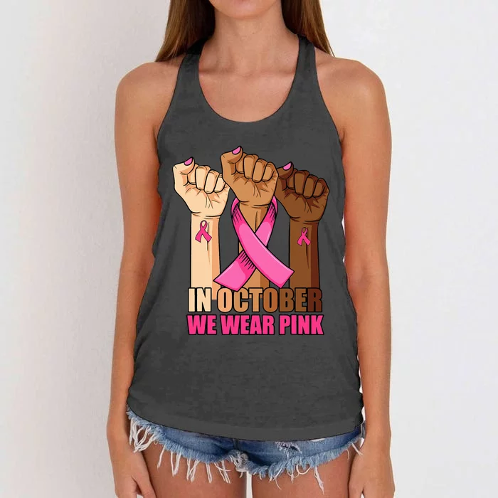 We Wear P.I.N.K Hand Raise Breast Cancer Awareness Women's Knotted Racerback Tank