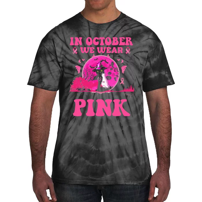 We Wear P.I.N.K Ribbon Cat Halloween Breast Cancer Tie-Dye T-Shirt