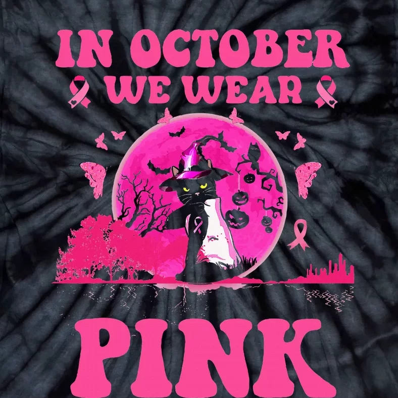 We Wear P.I.N.K Ribbon Cat Halloween Breast Cancer Tie-Dye T-Shirt