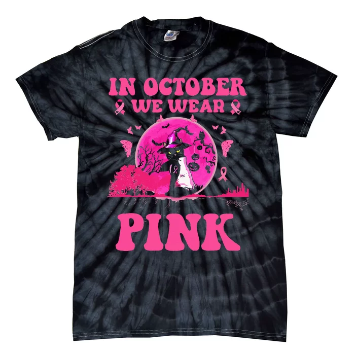 We Wear P.I.N.K Ribbon Cat Halloween Breast Cancer Tie-Dye T-Shirt