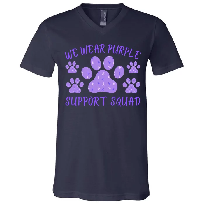 We Wear Purple Domestic Violence Awareness Purple Ribbon Dog Paws Cat Paws V-Neck T-Shirt