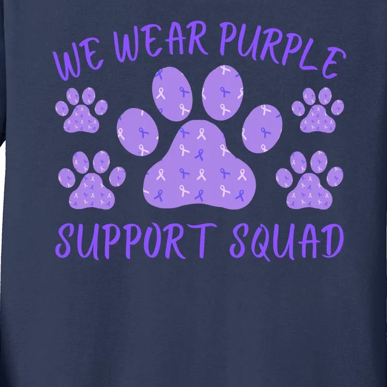 We Wear Purple Domestic Violence Awareness Purple Ribbon Dog Paws Cat Paws Kids Long Sleeve Shirt