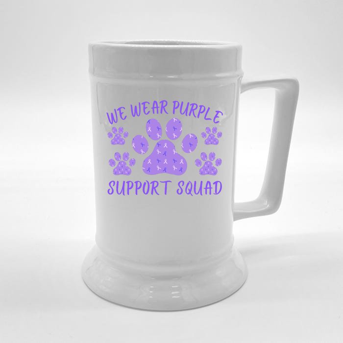 We Wear Purple Domestic Violence Awareness Purple Ribbon Dog Paws Cat Paws Front & Back Beer Stein