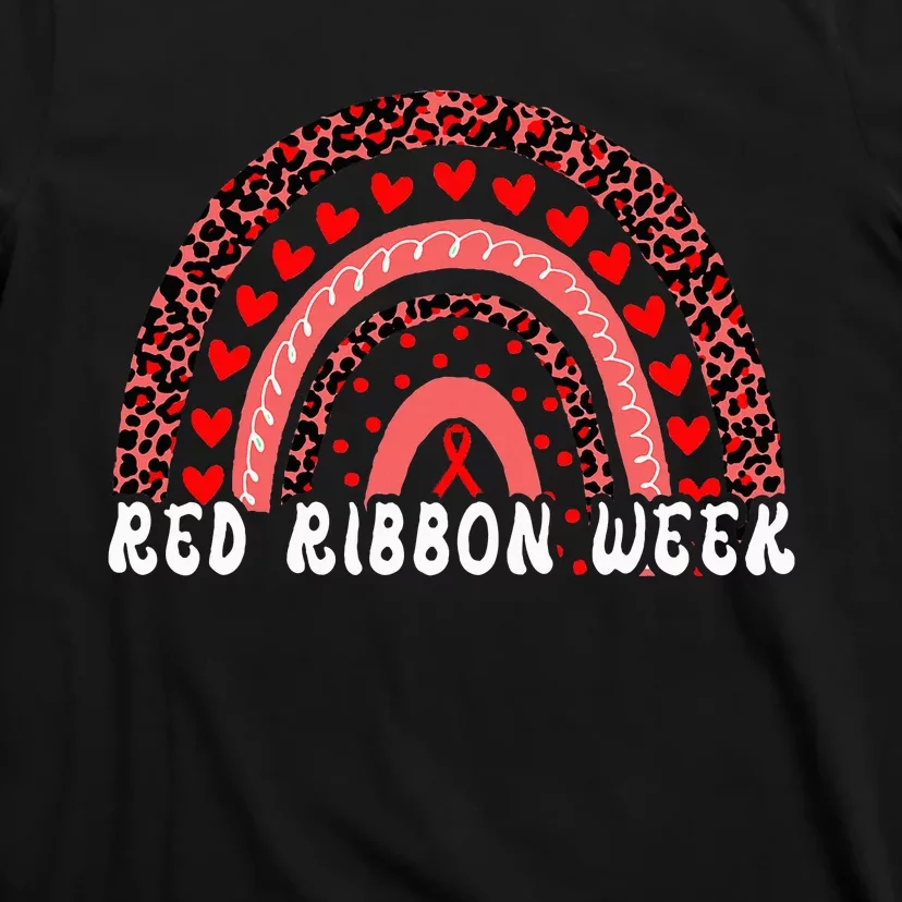 We Wear Red For Red Ribbon Week Awareness Leoopard Rainbow T-Shirt