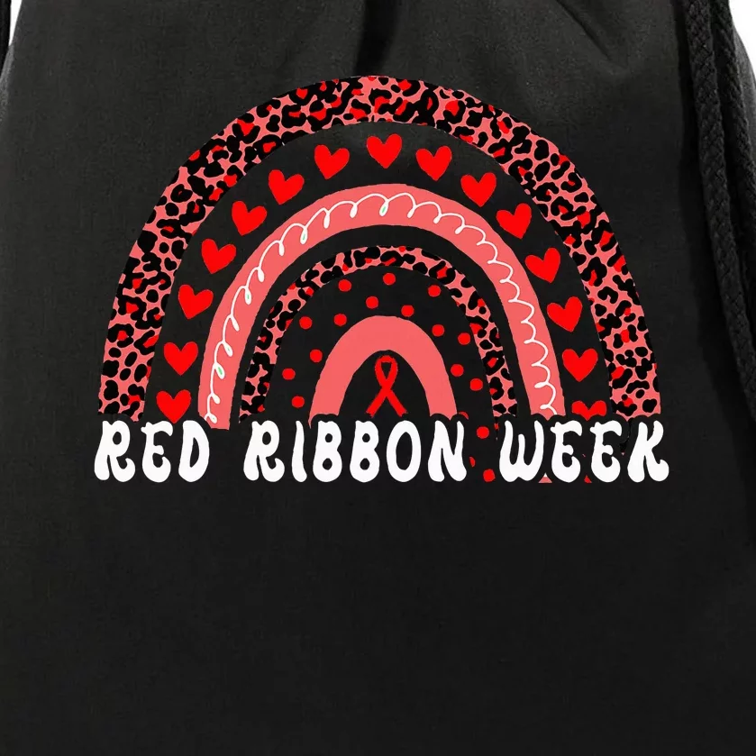 We Wear Red For Red Ribbon Week Awareness Leoopard Rainbow Drawstring Bag