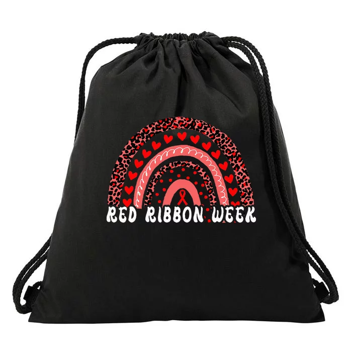 We Wear Red For Red Ribbon Week Awareness Leoopard Rainbow Drawstring Bag