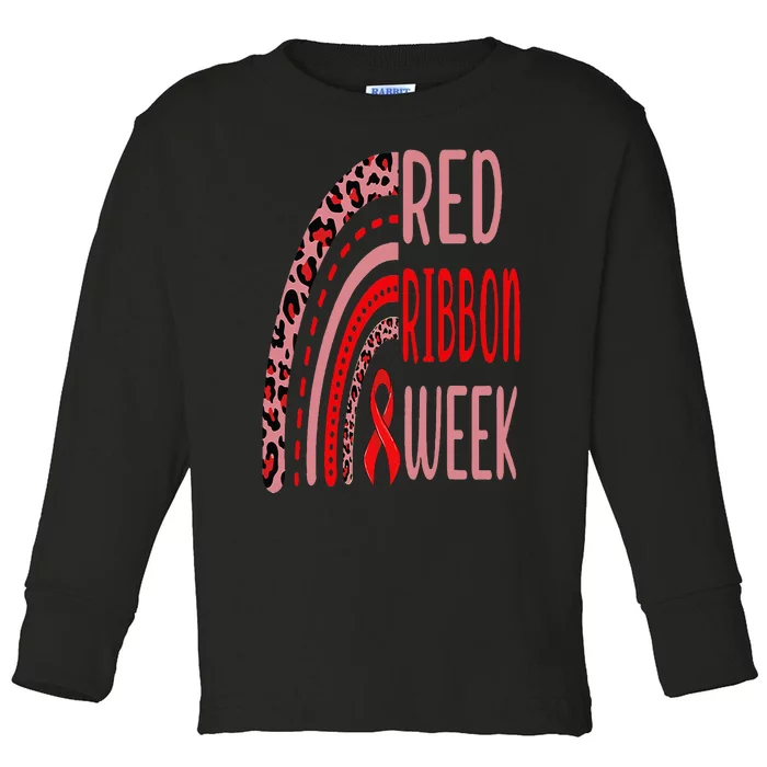 We Wear Red For Red Ribbon Week Awareness rainbow Leopard Toddler Long Sleeve Shirt