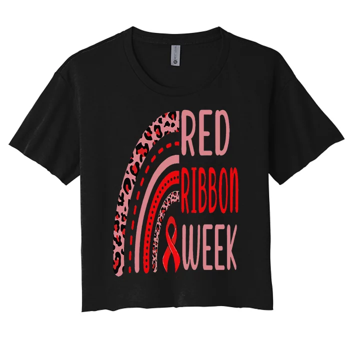 We Wear Red For Red Ribbon Week Awareness rainbow Leopard Women's Crop Top Tee