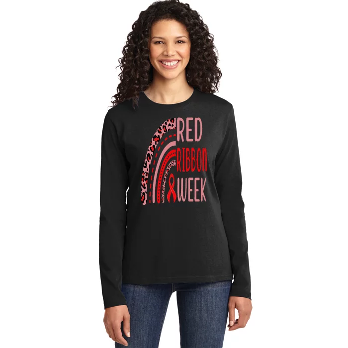 We Wear Red For Red Ribbon Week Awareness rainbow Leopard Ladies Long Sleeve Shirt