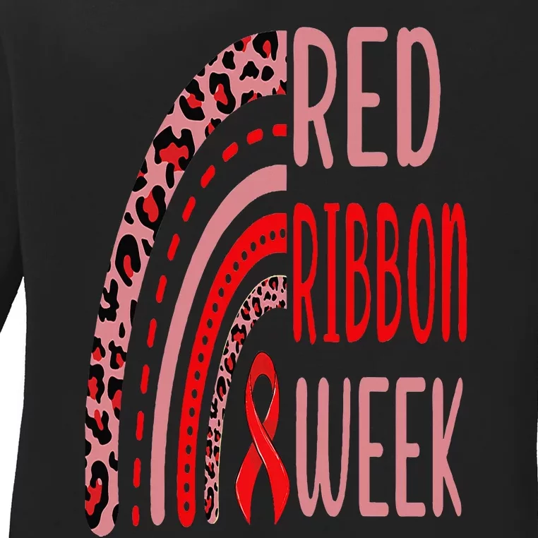 We Wear Red For Red Ribbon Week Awareness rainbow Leopard Ladies Long Sleeve Shirt