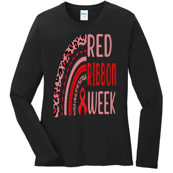 We Wear Red For Red Ribbon Week Awareness rainbow Leopard Ladies Long Sleeve Shirt