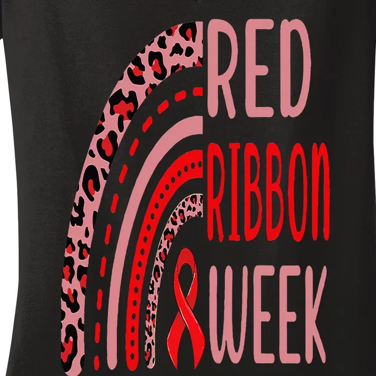 We Wear Red For Red Ribbon Week Awareness rainbow Leopard Women's V-Neck T-Shirt