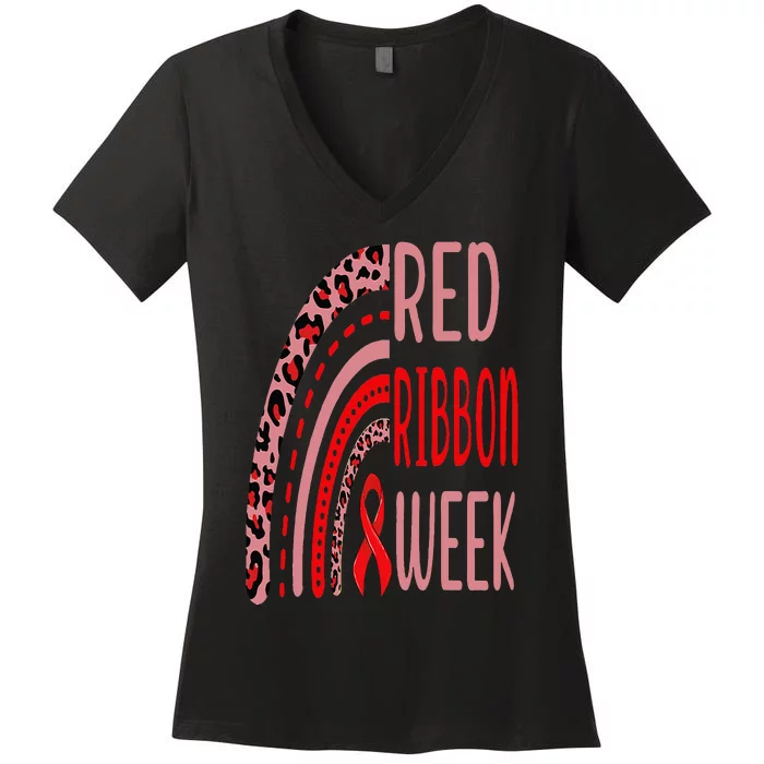 We Wear Red For Red Ribbon Week Awareness rainbow Leopard Women's V-Neck T-Shirt