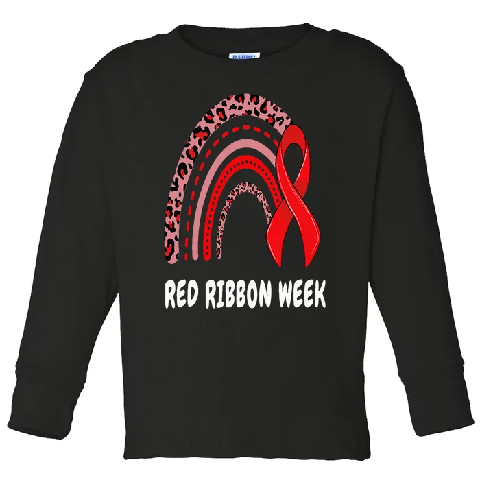 We Wear Red For Red Ribbon Week Awareness rainbow Leopard Toddler Long Sleeve Shirt