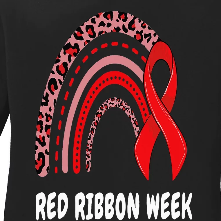 We Wear Red For Red Ribbon Week Awareness rainbow Leopard Ladies Long Sleeve Shirt