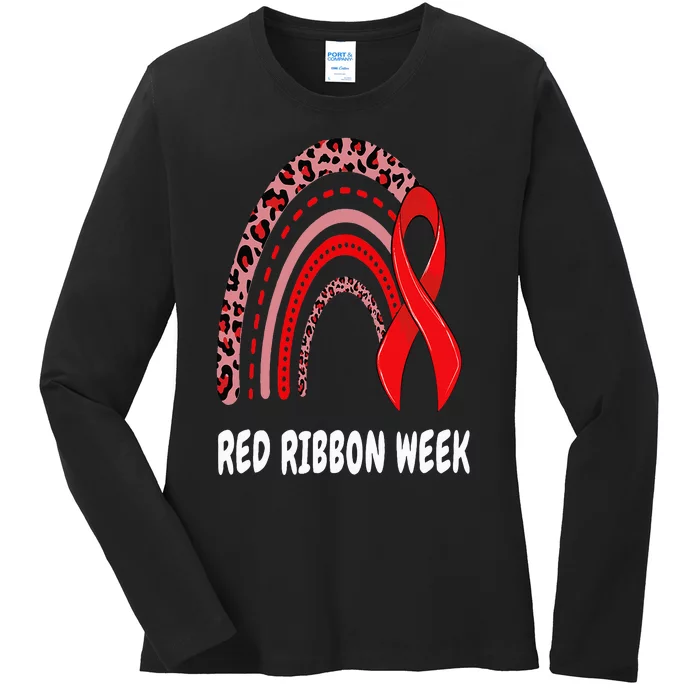 We Wear Red For Red Ribbon Week Awareness rainbow Leopard Ladies Long Sleeve Shirt