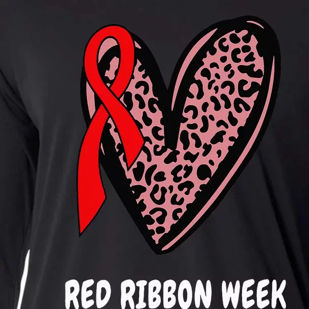 We Wear Red For Red Ribbon Week Awareness Leopard heart Cooling Performance Long Sleeve Crew