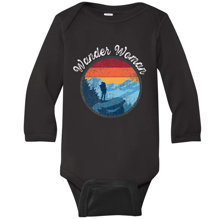 Wander Woman Retro Sunset Climbing Hiking Outdoor Funny Baby Long Sleeve Bodysuit