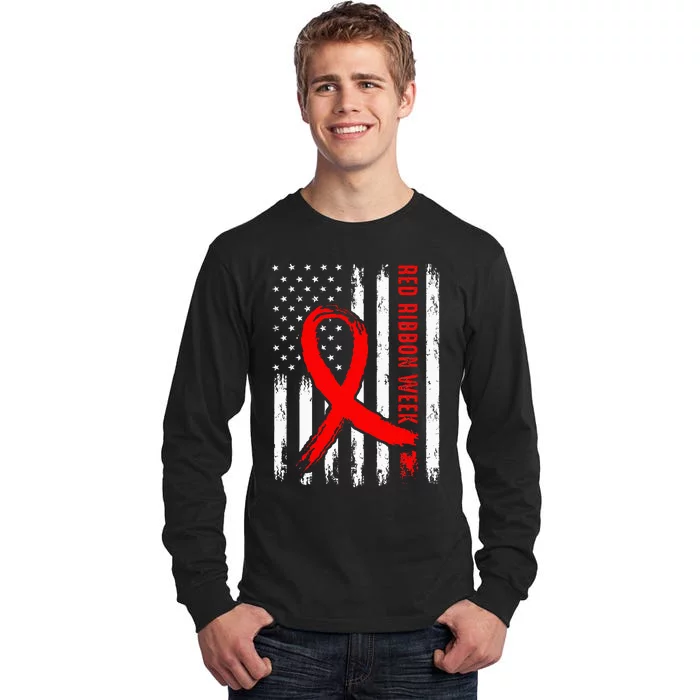 We Wear Red Ribbon Week Awareness Vintage American Flag Tall Long Sleeve T-Shirt