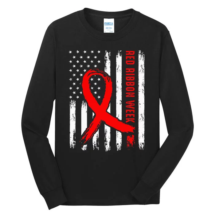 We Wear Red Ribbon Week Awareness Vintage American Flag Tall Long Sleeve T-Shirt