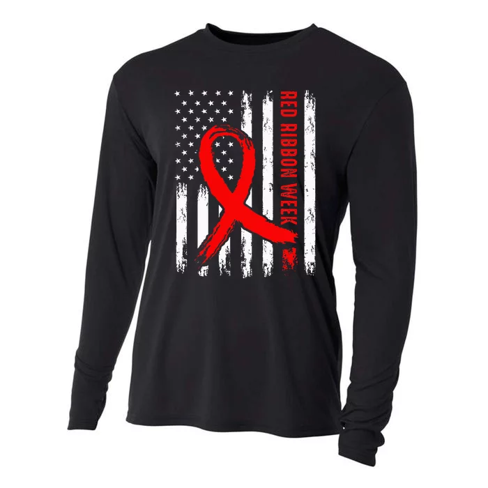 We Wear Red Ribbon Week Awareness Vintage American Flag Cooling Performance Long Sleeve Crew