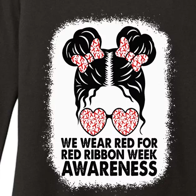 We Wear Red For Red Ribbon Week Awareness Messy Bun Bleached Womens CVC Long Sleeve Shirt