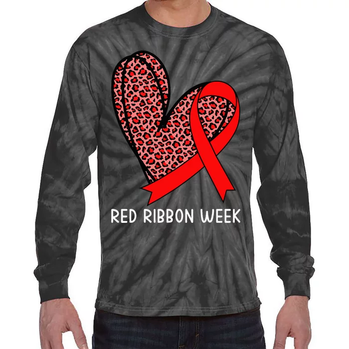 We Wear Red For Red Ribbon Week Awareness Leopard Tie-Dye Long Sleeve Shirt