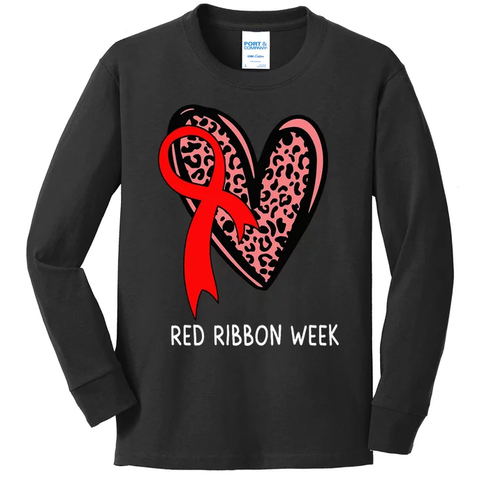 We Wear Red For Red Ribbon Week Awareness Leopard Kids Long Sleeve Shirt