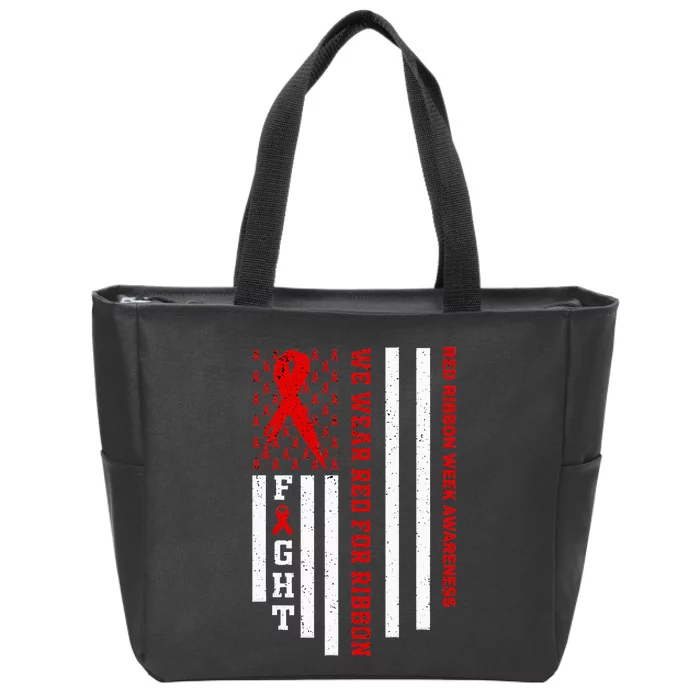 We Wear Red For Red Ribbon Week Awareness US Flag Drug Free Zip Tote Bag