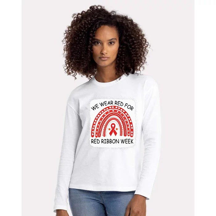 We Wear Red For Red Ribbon Week Awareness Rainbow Bleached Womens Cotton Relaxed Long Sleeve T-Shirt