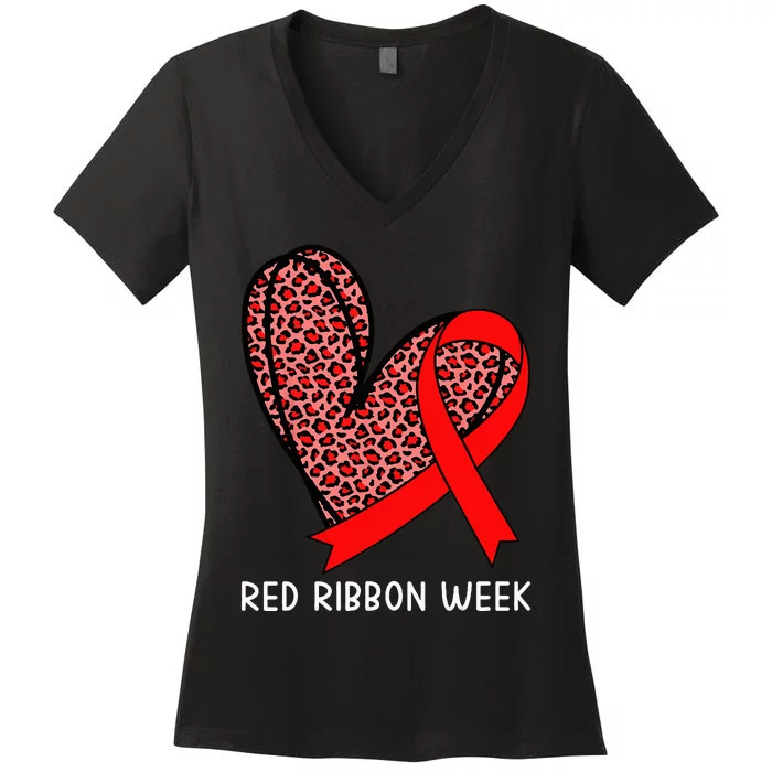 We Wear Red For Red Ribbon Week Awareness Leopard Women's V-Neck T-Shirt