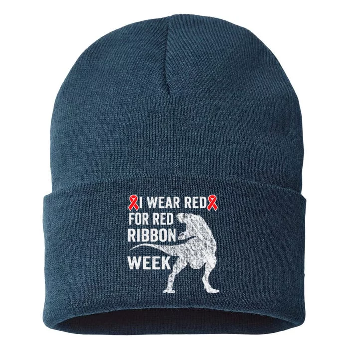 We Wear Red For Red Ribbon Week Awareness Dinosaur Sustainable Knit Beanie