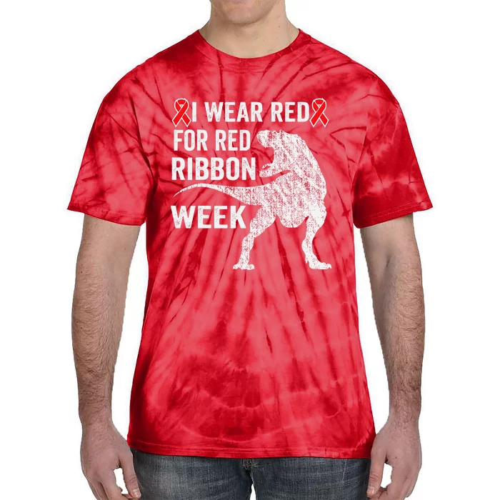 We Wear Red For Red Ribbon Week Awareness Dinosaur Tie-Dye T-Shirt