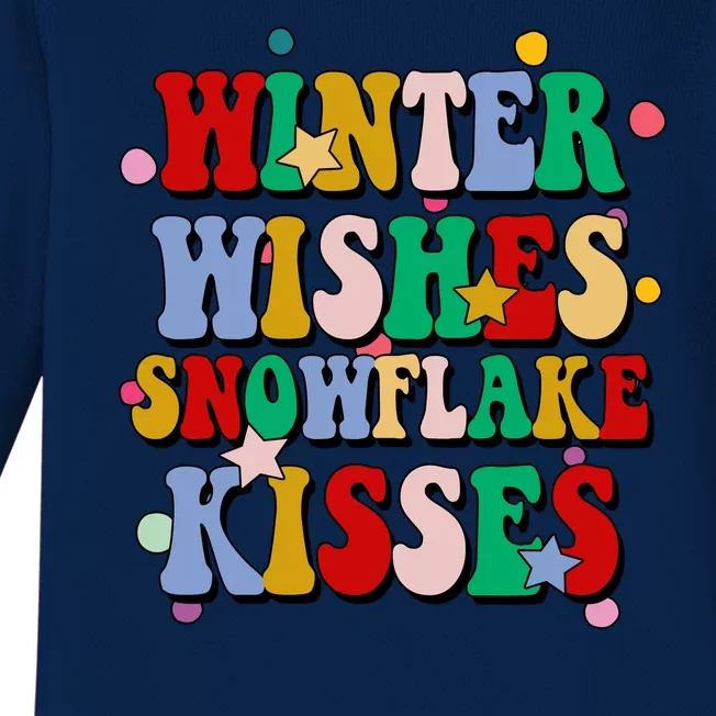 Winter Wishes Snowflake Kisses Retro Christmas Baby Long Sleeve Bodysuit