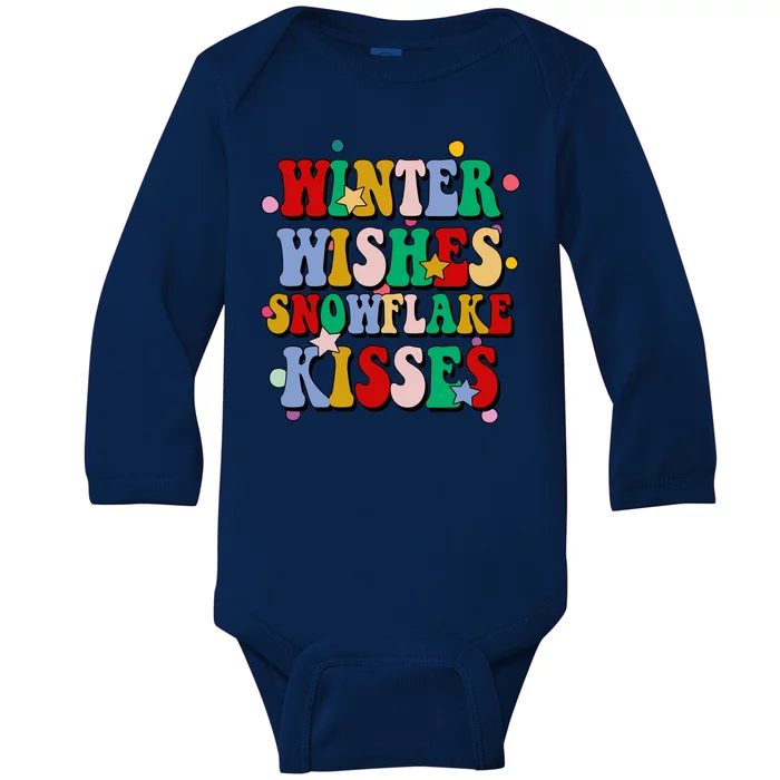 Winter Wishes Snowflake Kisses Retro Christmas Baby Long Sleeve Bodysuit